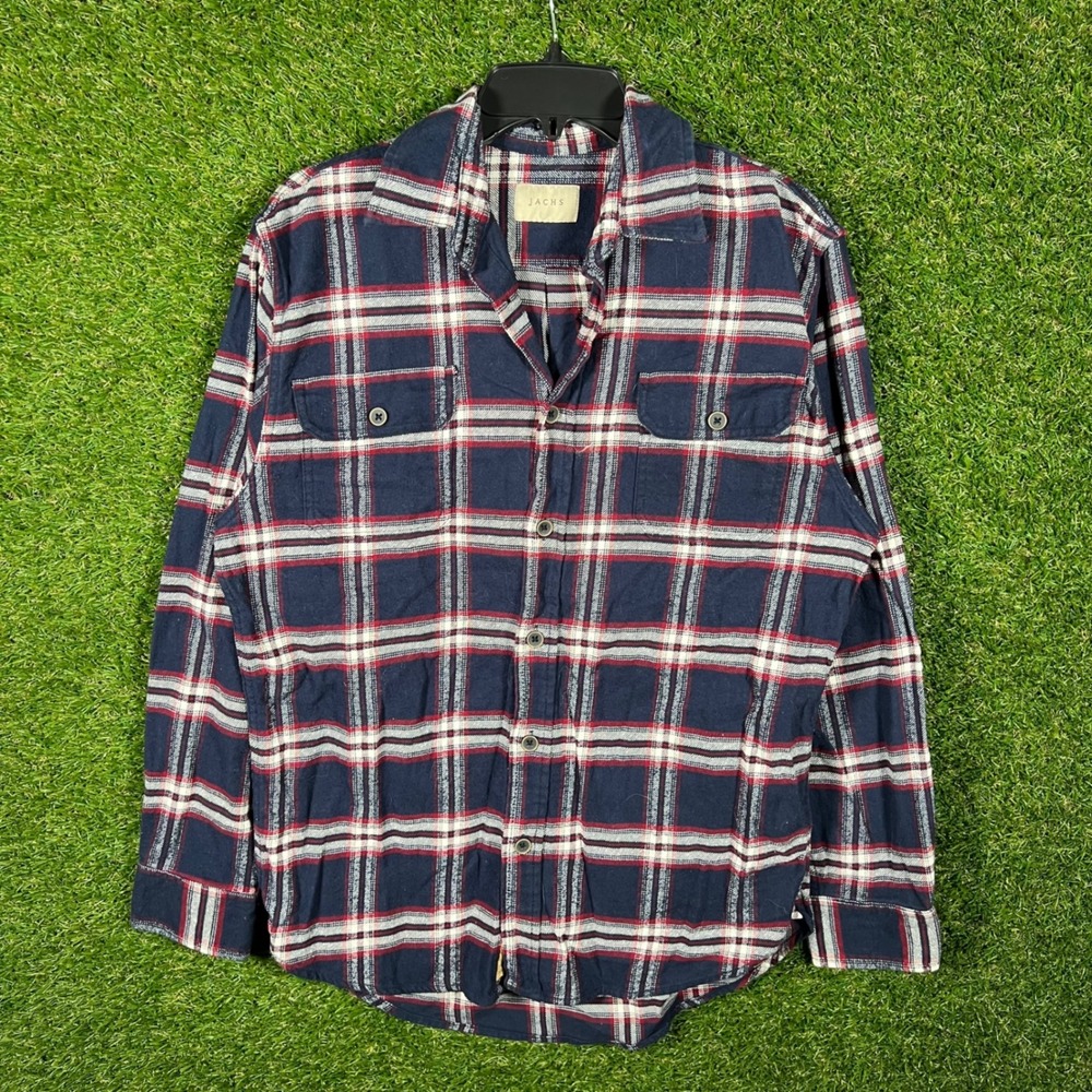 JACHS Flannel Long Sleeve Shirt‎ Mens Size M Navy Red White Plaid Button Down